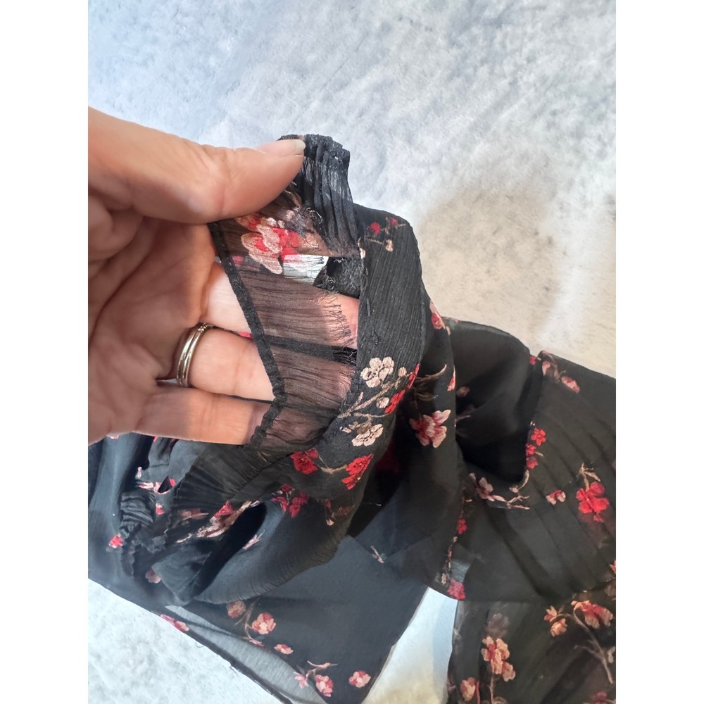 Lauren Ralph Lauren Floral Tie Neck‎ Blouse Black Red Sheer Sleeve XL READ - Picture 6 of 6
